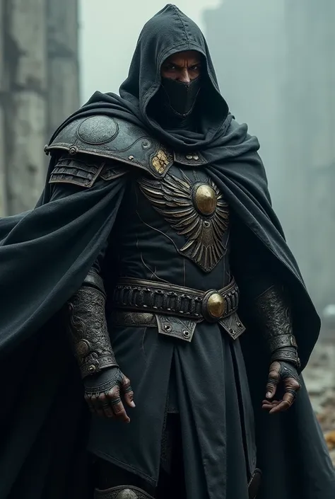  Varek wears dark and worn armor ,  with metallic details that suggest a war past .  His face is partially covered by a mask that only reveals his eyes ,  cold and calculating .  He wears a black cape that waves ,  with a stylized eagle design ,  symbol of...