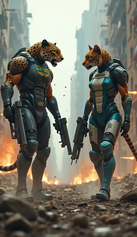 In a futuristic, high-tech world, two powerful humanoid-animal hybrids—representing Brazil and Argentina—clash in an epic battle in a city reduced to ruins. The Brazilian Jaguar hybrid stands tall with its sleek, muscular body, covered in spotted fur, exud...