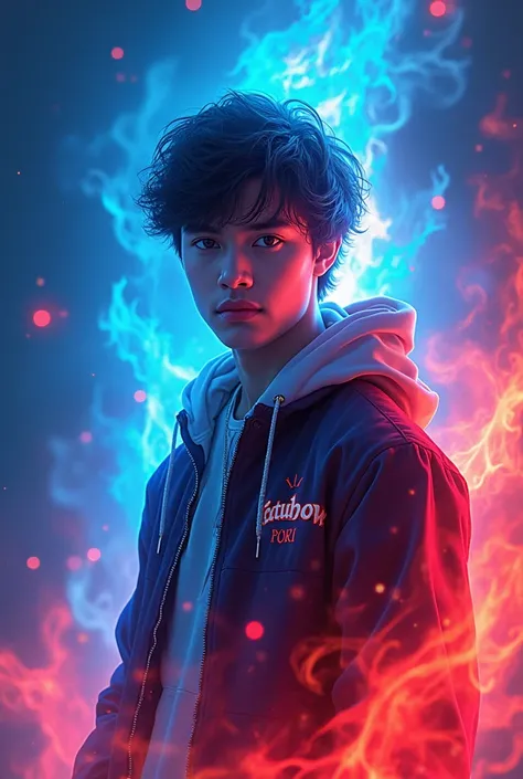 A radiant young man with blue and red fire and who has a jacket that says catushow