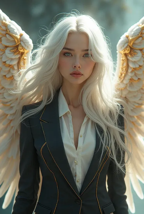 a woman with white hair and wings on her head and chest, wearing a suit with gold and silver wings, Artgerm, fantasy art, rossdraws global illumination, a character portrait