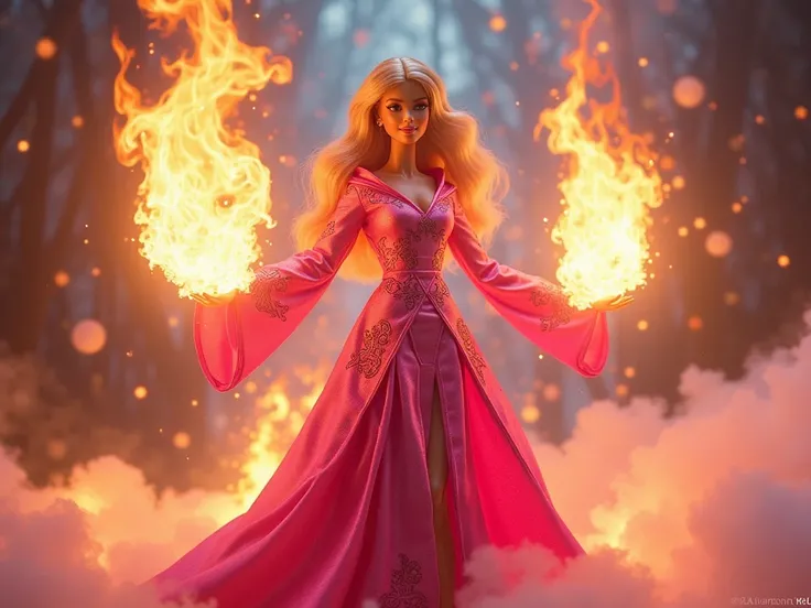 Barbie in a pink wizard robe shooting fire from her hands