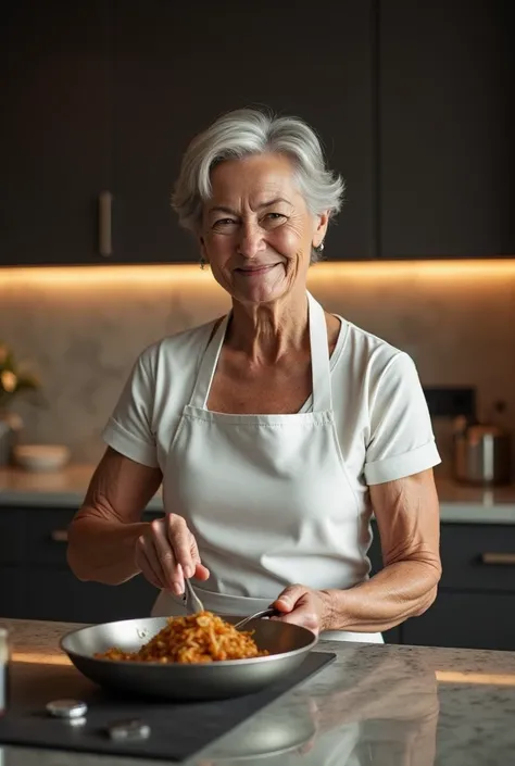  realistic style , A girl cooking,  of white skin, short, with good muscles, 74 years old, millionaire