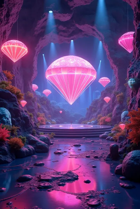 Create a 3D stage project for an electronic party where the main theme is galaxy , et, mushroom, ohm,bike 100, fly pig, psychedelic elements  ,  with a more futuristic look, containing some metal elements, diamond with bright colors and neon 