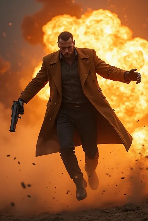 make a man,  strong and muscular , robotic hands,  holding a pistol ,  dressed in a pure brown overcoat ,  black pants, being hit by an explosion, being thrown backwards .  Make him fly with his hands and arms outstretched due to the impact of the explosio...