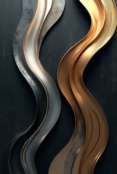 fluid curves with pointed ends .  with metallic tones between silver and black and gold. 