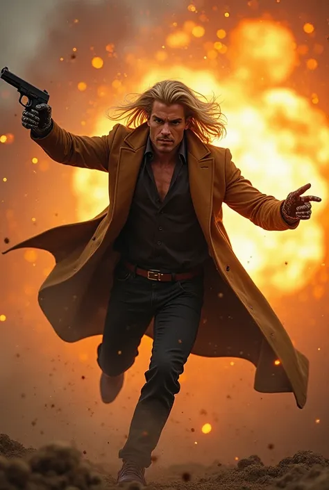 make a man,  strong and muscular , long haired blonde, robotic hands,  holding a pistol ,  dressed in a pure brown overcoat ,  black pants, being hit by an explosion, being thrown backwards . Do it flying with your back to the fourth wall with your hands a...