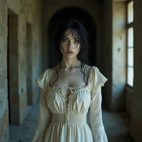 Ghost Lady, a young woman with extremely white and  skin,  black hair, loose and disheveled , Morbid and creepy look, sunken and dark eyes.wearing 18th century garments, dirty, rotas. The dress is ragged white. It is inside a corridor of an old abandoned c...