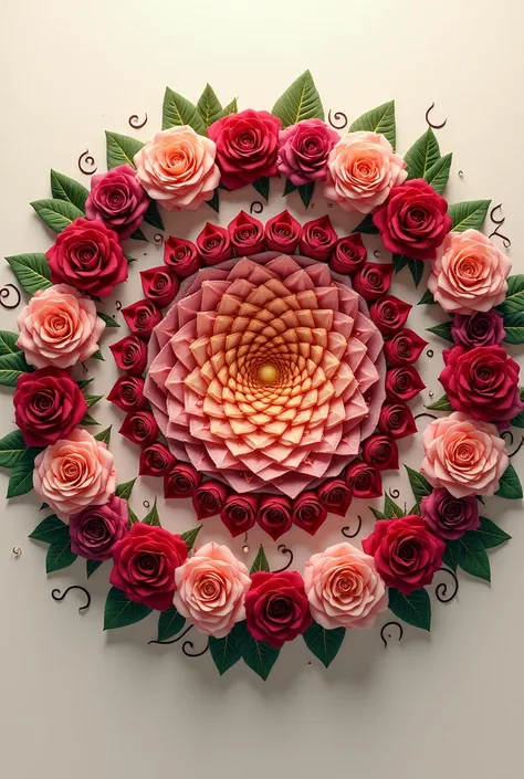 Mandala of Roses: A circular mandala pattern made entirely from swirling rose petals, leaves, and vines.