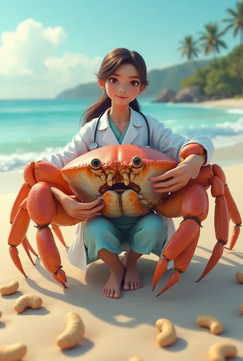  Create an image of a young female doctor , Latina brunette ,  wearing a medicine coat and stethoscope, hugging a huge giant crab , In a beach setting with cashews around 