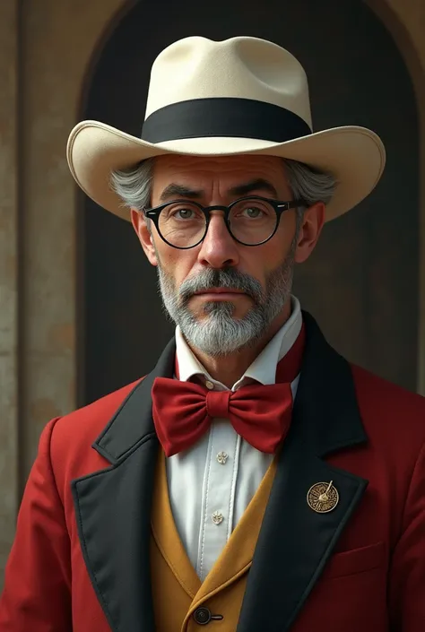 A man with glasses in a white hair hat in a red bow-tie suit who lived in the Middle Ages