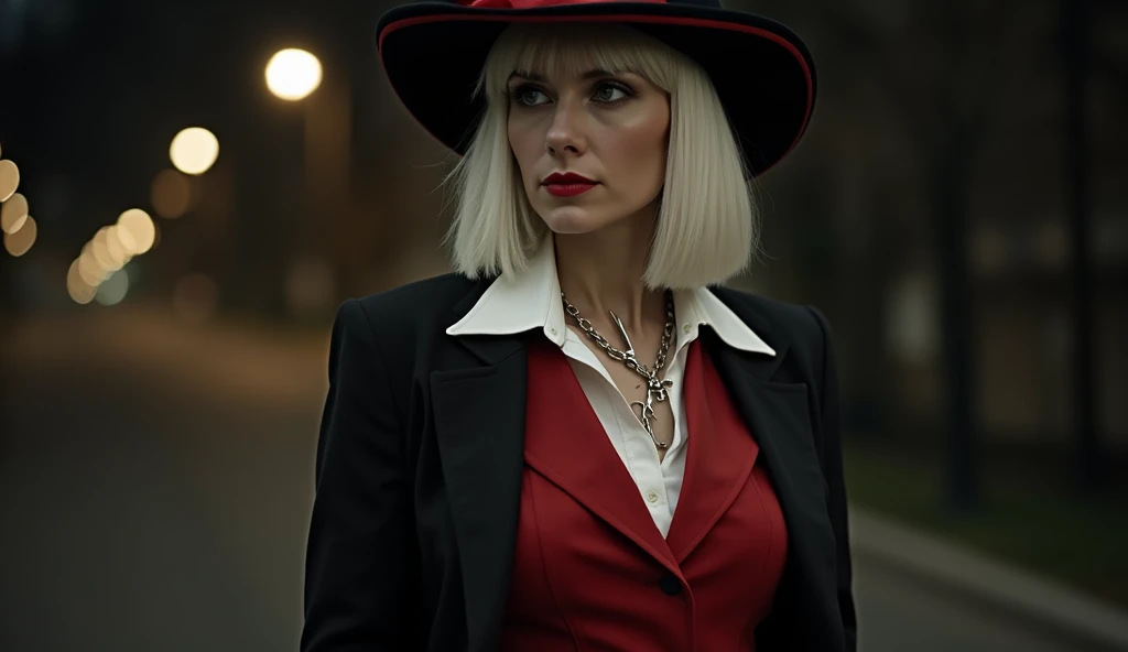 A woman with white straight hair up to the shoulder blades. She wears a suit with a blazer and an elegant skirt in red and black and white. On the head there is a wide hat with a red felt ribbon.  A silver chain with a pendant hanging around her neck( scis...