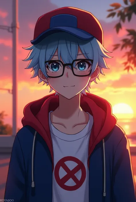 Adult anime boy with light blue hair and wearing a red and blue cap , with a prohibition symbol on the white shirt and with a dark blue jacket,  with black lenses , watching the sunset  ,  smiling 