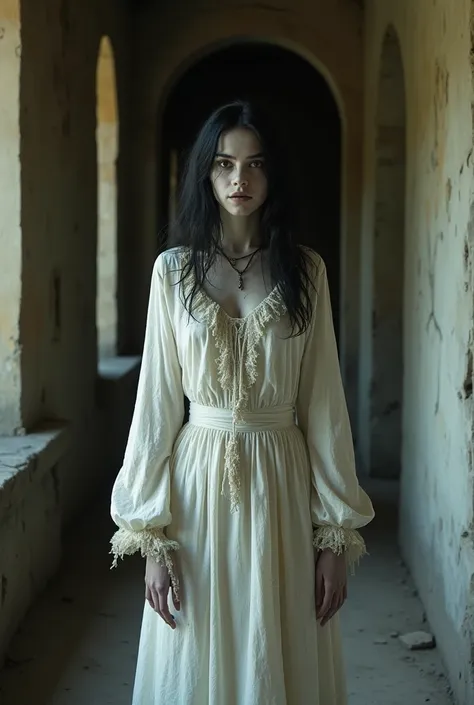 Dama — ghost , a very thin young woman ,  with extremely white and  skin,  black hair, loose and disheveled,  look morbid , Mad and creepy, sunken and dark eyes. thin face, Anguished and macabre. wearing 18th century garments, dirty, rotas. The dress is ra...