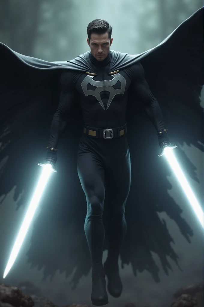  The man in the black uniform without a cape with the shadow symbol, with the power to fly ,  with the two bright white swords .