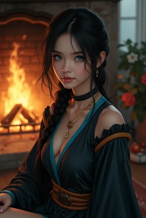 Blue eyes, Black Hair, Parted Lips, Braid, Smile, 1girl, High Resolution, Looking at viewer, sitting by a fireplace, wears black cyan and gold