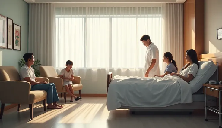 A hospital room, a bed, three chairs next to each other, a table in the text, and a luxurious hospital room