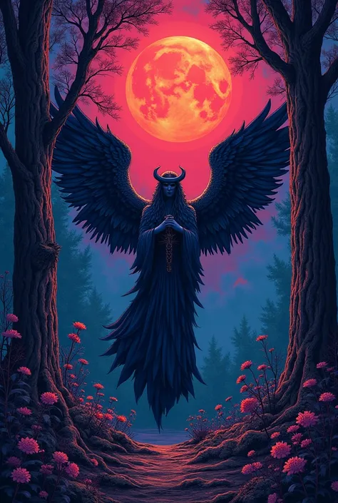   symbolism  , That represents magic, Death, Santeria  , colors, Reds, purple , blue, negro, Iconography, awesome draw, forest, moon, angel