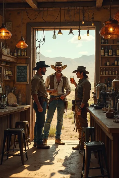  Western Steampunk  .Bar Pobre do Sertano do Brasil,  hot weather,  with several bottles on shelves from the 1870s,  Clothes from the 1980s , Interior setting of Bar ,  Roadside bar ,busy,  Cangaceiros seteampunk , Si-fy  , Science fiction,Beverage service...