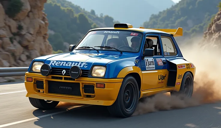 Blue and Yellow Renault 5 Turbo Maxi rally car 