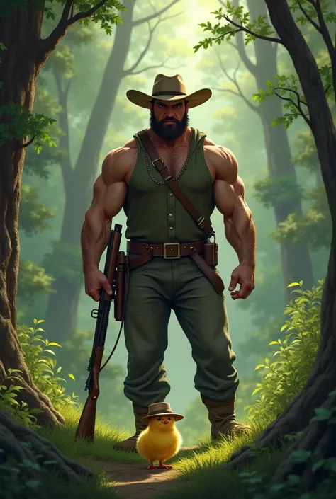 Strong man hunter with gun in hand releases yellow chick in hat into forest