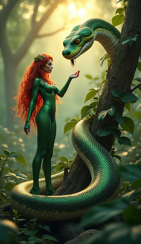  An ultra-realistic scene showing a superhero inspired by Poison Ivy and a majestic snake,  in a setting of humid tropical forest at dawn .  The superhero wears a vibrant green costume with details of leaves and vines that seem alive , gently enveloping he...