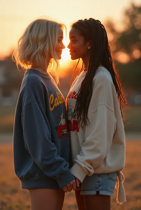 Create two High school seniors butefol girls for me, one girl with fair skin, short massy blonde hair, blue eyes, and freckles and With a mischievous smile in vary large sweater with California written on it, and the other girl with dark skin, green eyes, ...