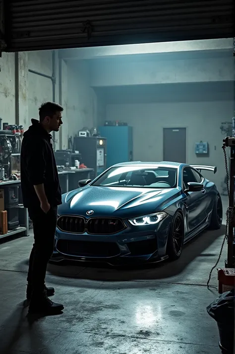 Modified BMW m8 in a garage and a guy smoking inside the garage looking at the car 