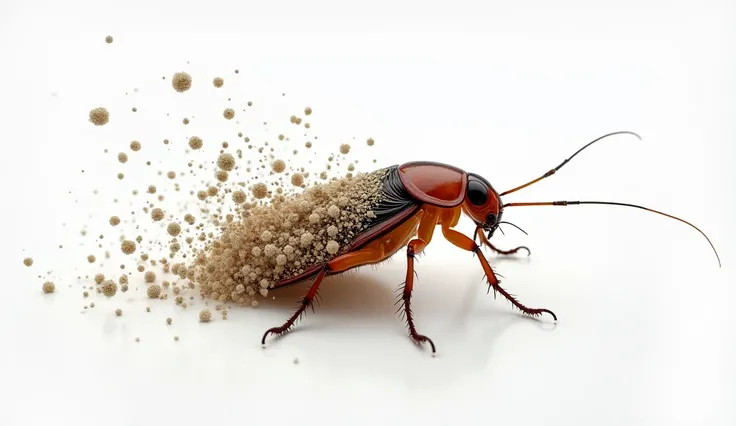  white background，The body of the German cockroach gradually breaks down into particles，one，