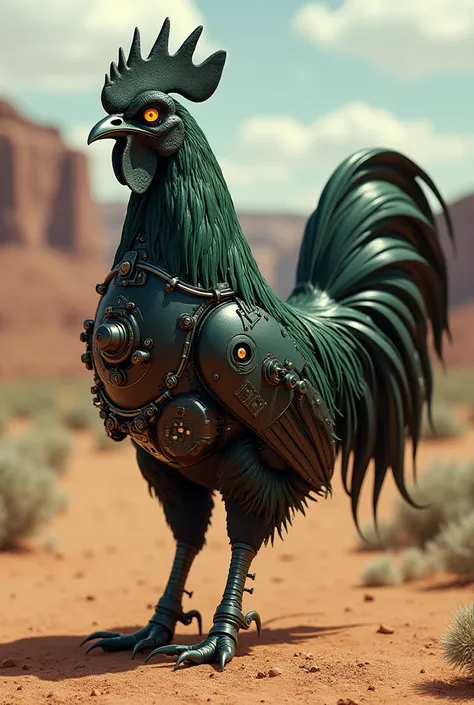  Western Steampunk  .A Sadistic Rooster in Black and Green,  it has two metal spurs on its legs , Si-fy  , Science fiction,  Modified with technological parts , with Steam Punk technology , Desert Adventure Scenery,  full image,  Refined Art .