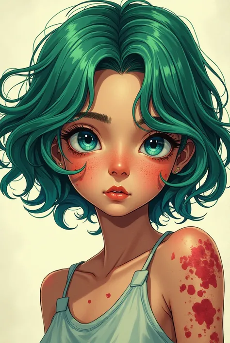 You can create a girl with wavy and short green hair,  with blue eyes, with bruises on the body and wear loose clothing and that the style of the image is a comic