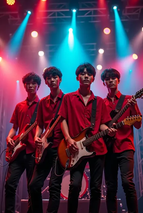 Thai Male Rock Band, 4 Teenagers Singing Rock Wearing Red Shirts
