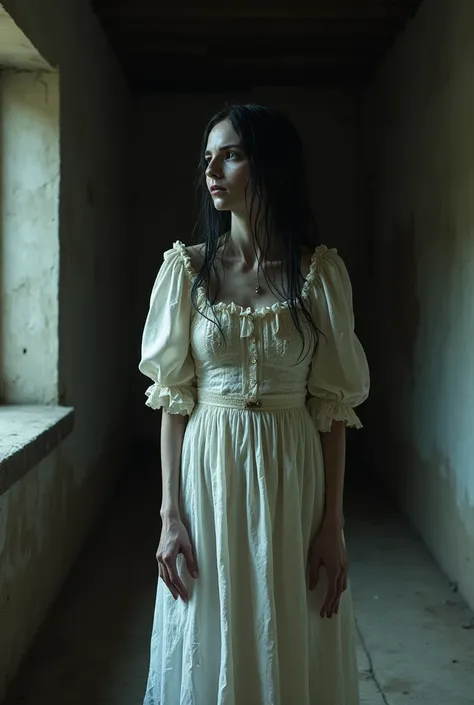 Dama — ghost ,  from the 18th century , A very thin woman,  with extremely white and  skin,  black hair, wet, drained, loose and disheveled .  look morbid , crazy, penetrating, fixed and creepy. The eyes are sunken and dark,  with deep dark circles . thin ...