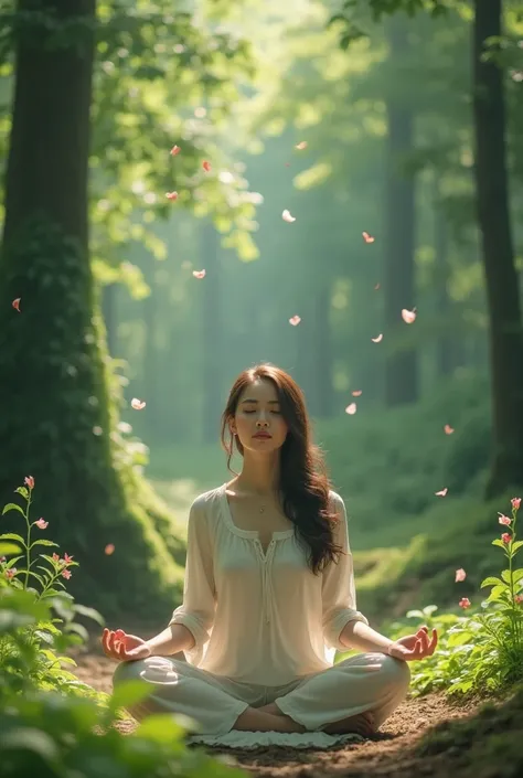 A woman with her eyes closed quietly in the forest. 20-25 years old. Looks and face like a cute Japanese actress. In silence.