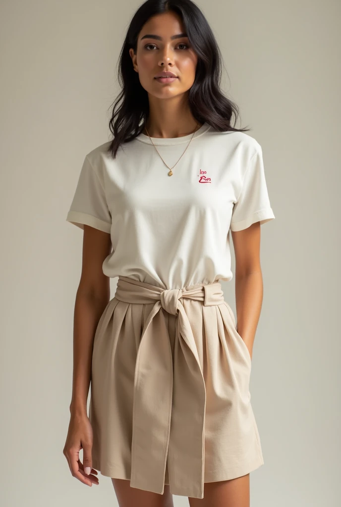 "Create a stylish mini skirt and t-shirt for women, Use a neutral color palette such as red, white, bright black. Incorporate textures such as silk, linen and organic cotton, Make sure designs include the **BN bandida* logo * in a discreet and elegant way....