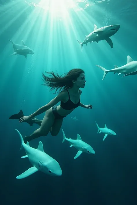 A woman swimming with white sharks