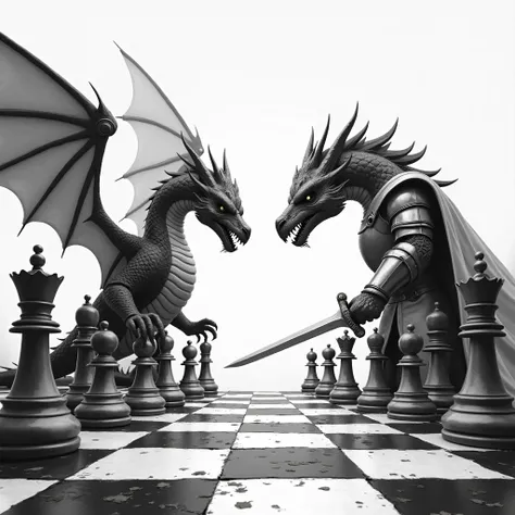 "A humorous black-and-white chess battle between a dragon and a knight. The scene is in black and white."