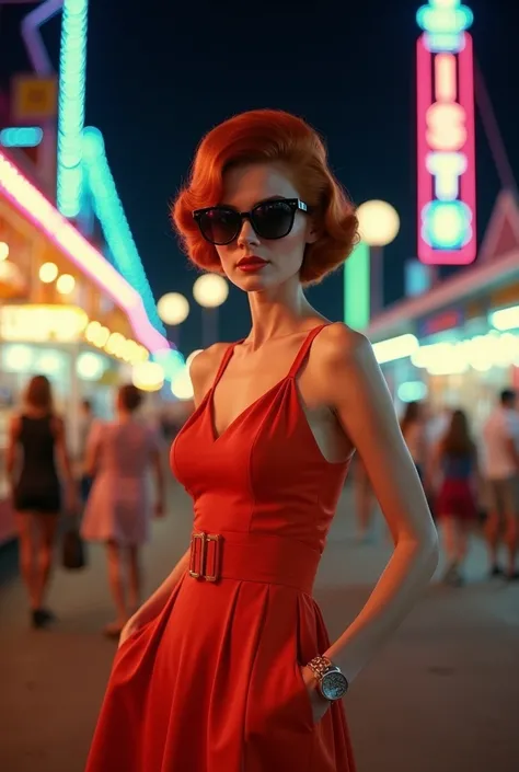 1966 color image of mod redhead woman with sunglasses and 1966 hairstyle in mary quant dress at amusement park at night