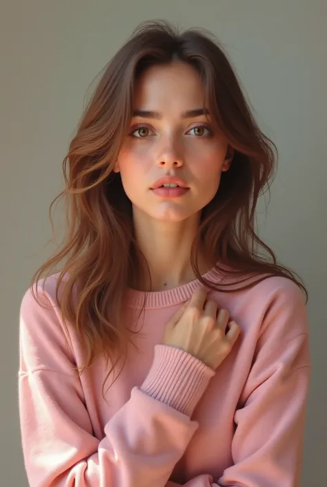 A 36-year-old woman with brown hair and brown eyes wearing a pink sweater