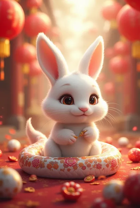 White bunny disguised as a cute snake in Chinese year