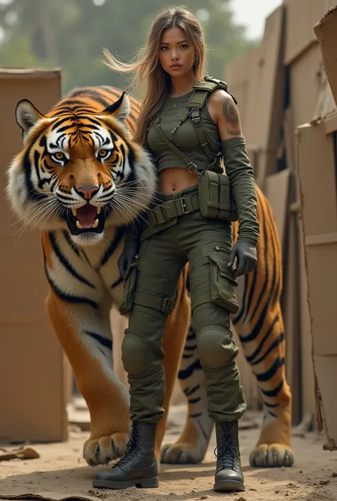 An army woman armed with a tiger on the cardboard side