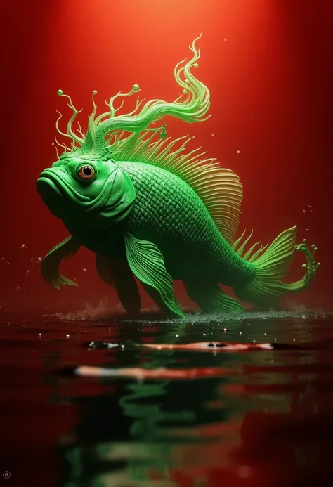 Create a red screen backdrop with a beautiful greenish big fish