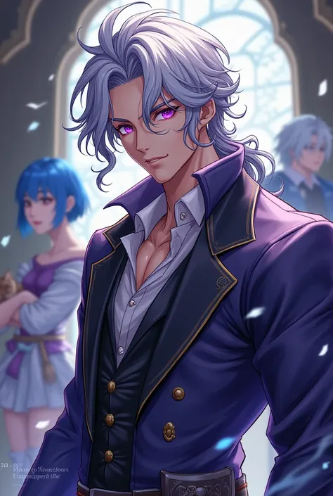 anime male, silver shiny hair, curly hair, light purple eyes, muscular, guild, adventurer, blue hair girl, cat hair,