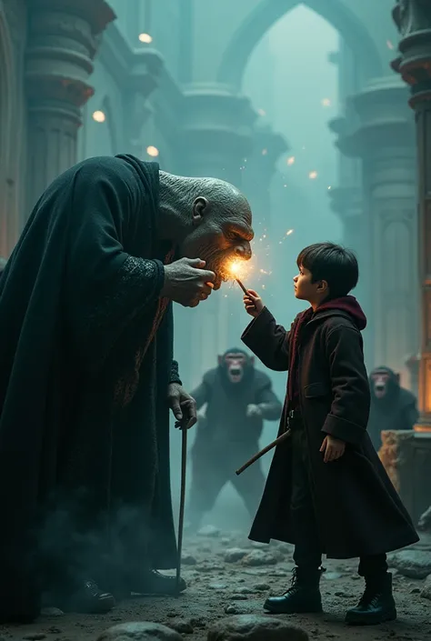 Harry Potter sticking the Philosopher's Stone through Voldemort's nose, With monkeys dancing in the background