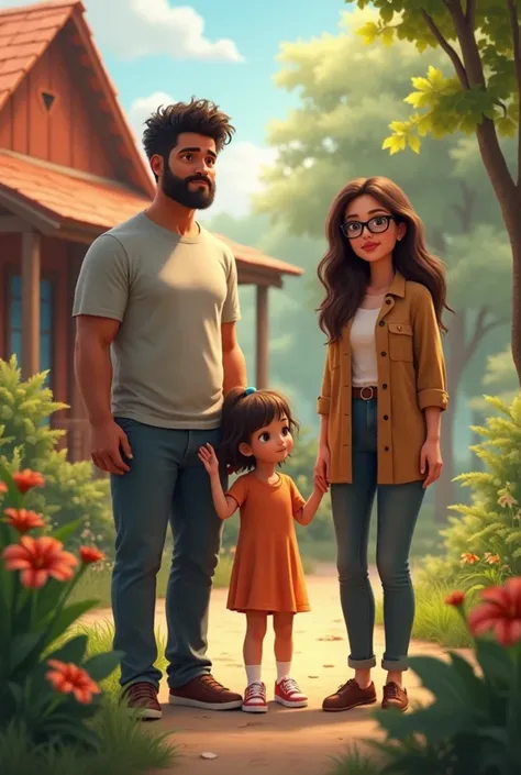 A super realistic photo of A man with an angular jaw and slightly curly hair, along with a woman with long hair and glasses, holding hands, and a  girl in a natural setting next to a simple, colorful house