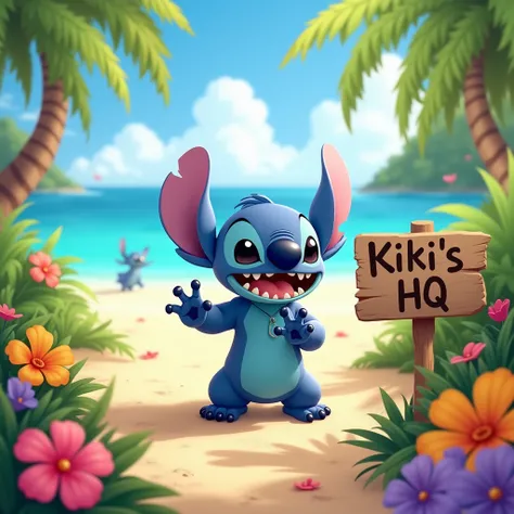 Create the STITCH character with a beach background and flowers and write a sign written in Portuguese: KIKI'S HQ on the front of STITCH 