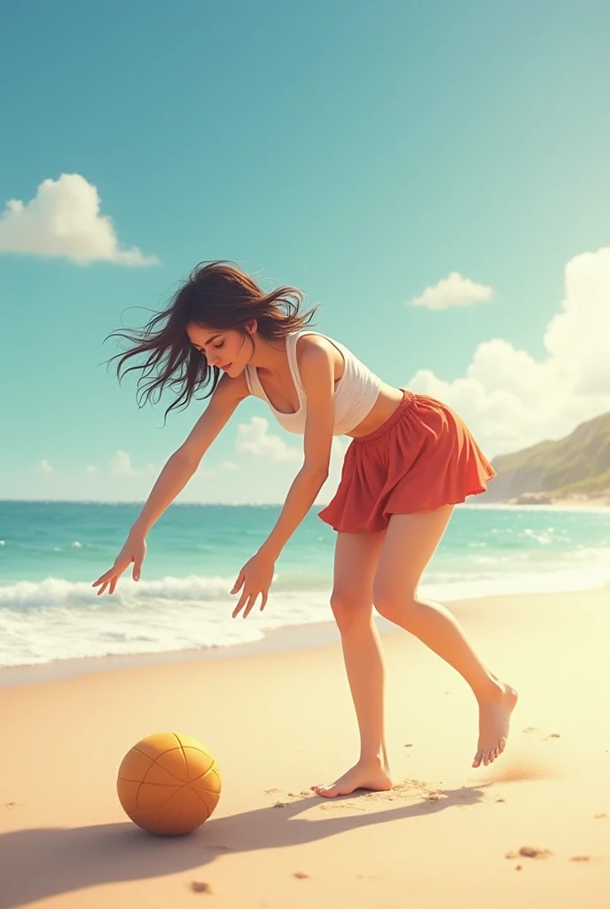 A girl in a short skirt on the beach leaned over for the ball 