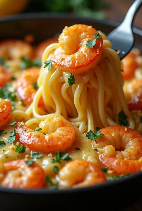 A delicious and realistic close-up of an Easy Scampi Pasta Bake, featuring golden, bubbly melted cheese on top of perfectly baked pasta with juicy shrimp. The dish is garnished with fresh parsley and lemon zest, served in a rustic, oven-baked dish with a f...