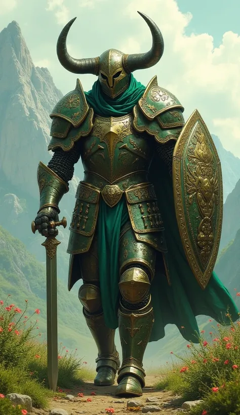  A colossal knight in heavy bronze and emerald armor,  engraved with ancient runes .  His wide and indestructible sword shines with an earthly energy . he walks slowly, firm as a mountain ,  protecting a fertile kingdom .  Its helmet has large bull horns ,...