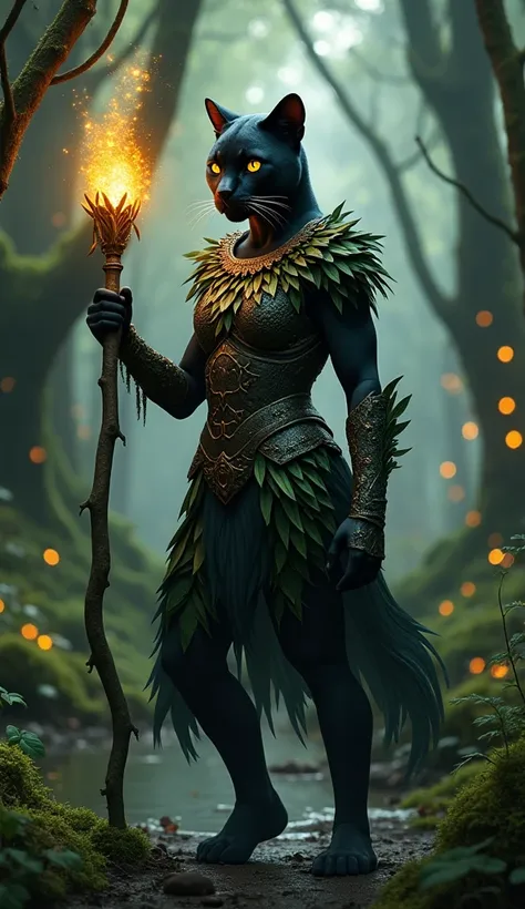 "Create an anthropomorphic Black Panther, standing on two legs, wearing nature-based druidic armor made of enchanted bark and leaves. Her eyes are golden, and her fur is sleek and black. She holds a magical staff that pulses with energy, ready to cast spel...