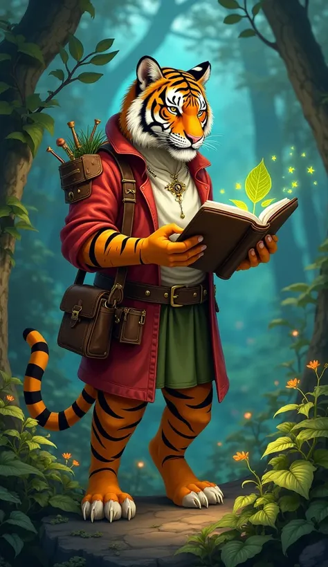 "Create an anthropomorphic Tiger standing on two legs, wearing a satchel filled with botanical tools and scrolls. His stripes are vivid and glowing, blending with the enchanted forest surroundings. He holds a leaf sample in one hand while referencing a mag...